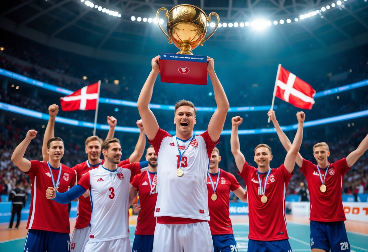Danske herrehåndboldspillere fejrer sejr med en guldpokale på en indendørs bane foran jubelende fans.