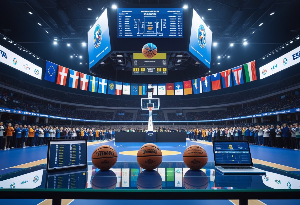 Indendørs basketballarena med tilskuere, bannere for europæiske hold og et digitalt skema over turneringskampe.