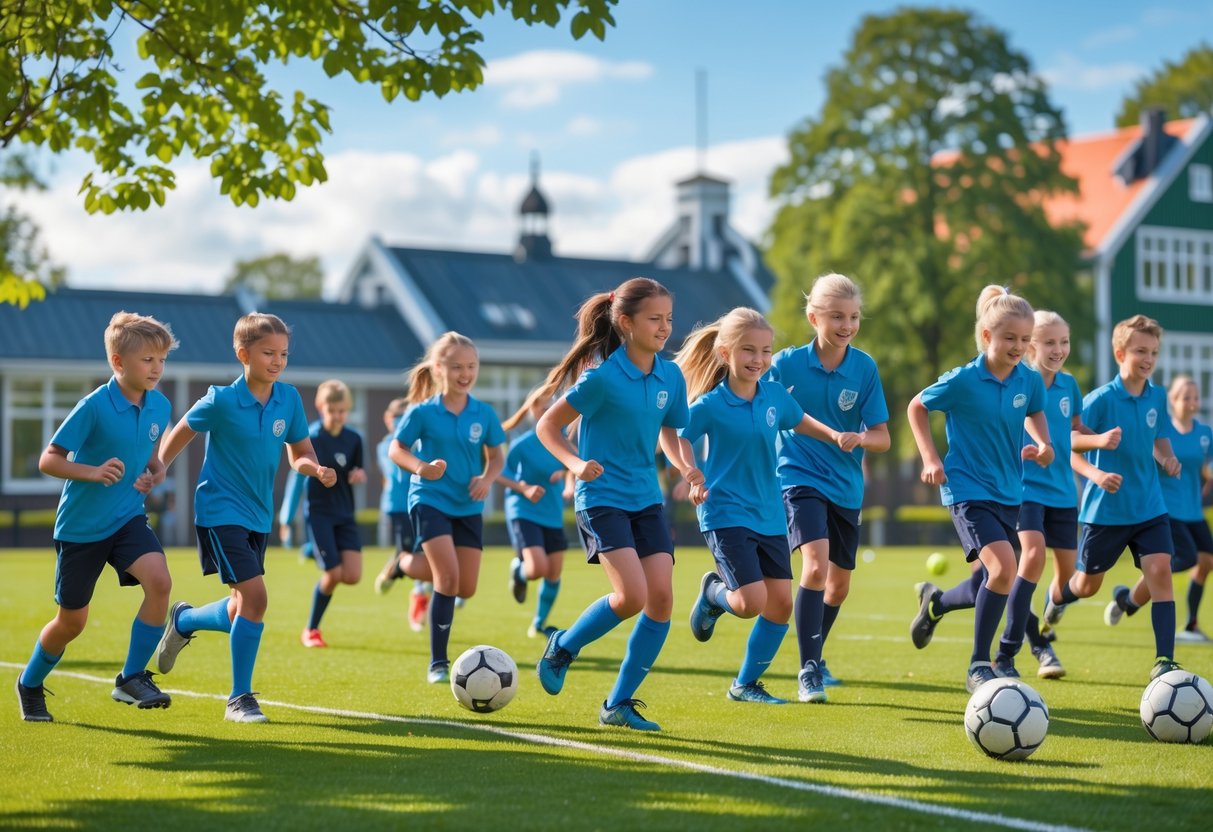 En gruppe danske skoleelever spiller fodbold udendørs på en grøn græsplæne foran en skolebygning.