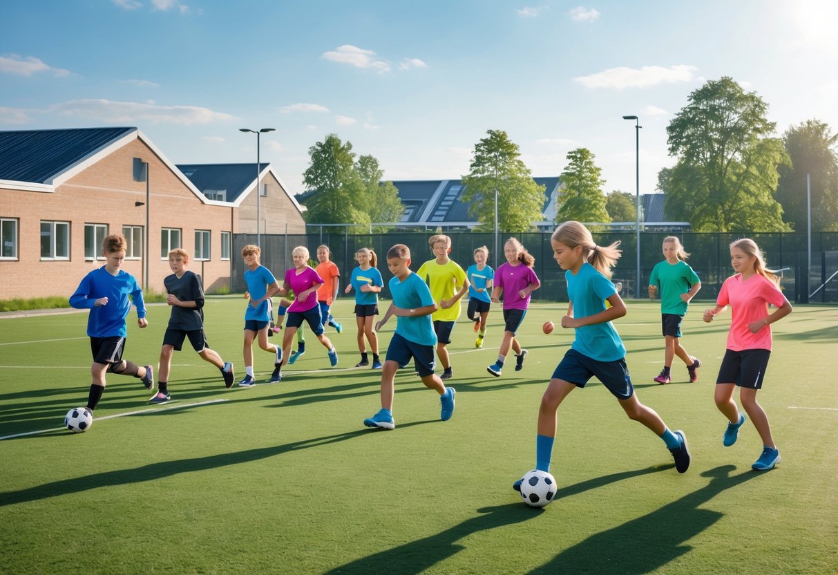 Gruppe af unge i Danmark, der dyrker forskellige sportsaktiviteter udenfor ved en skole.