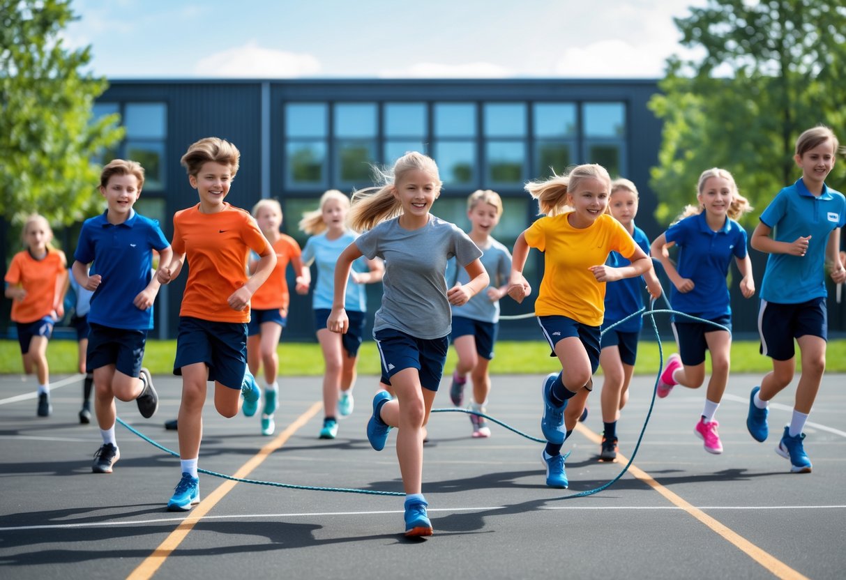 Unge elever deltager i forskellige sportsaktiviteter på en skolegård i Danmark.