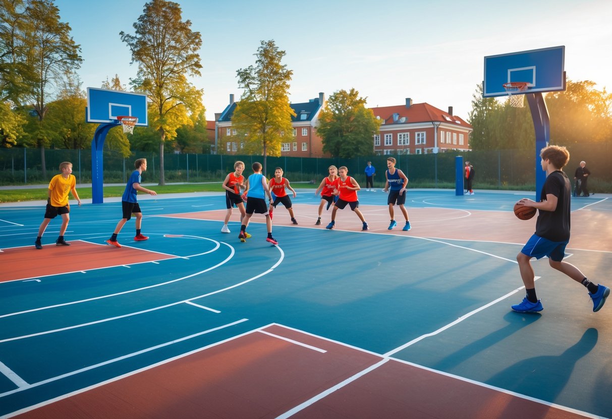 Udendørs basketballbane i Danmark med spillere, der spiller basketball under en klar dag.
