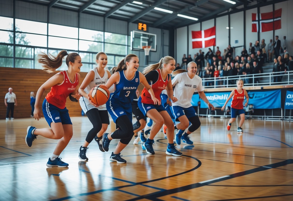 En gruppe mennesker spiller basketball på en indendørs bane i et dansk sportskompleks.