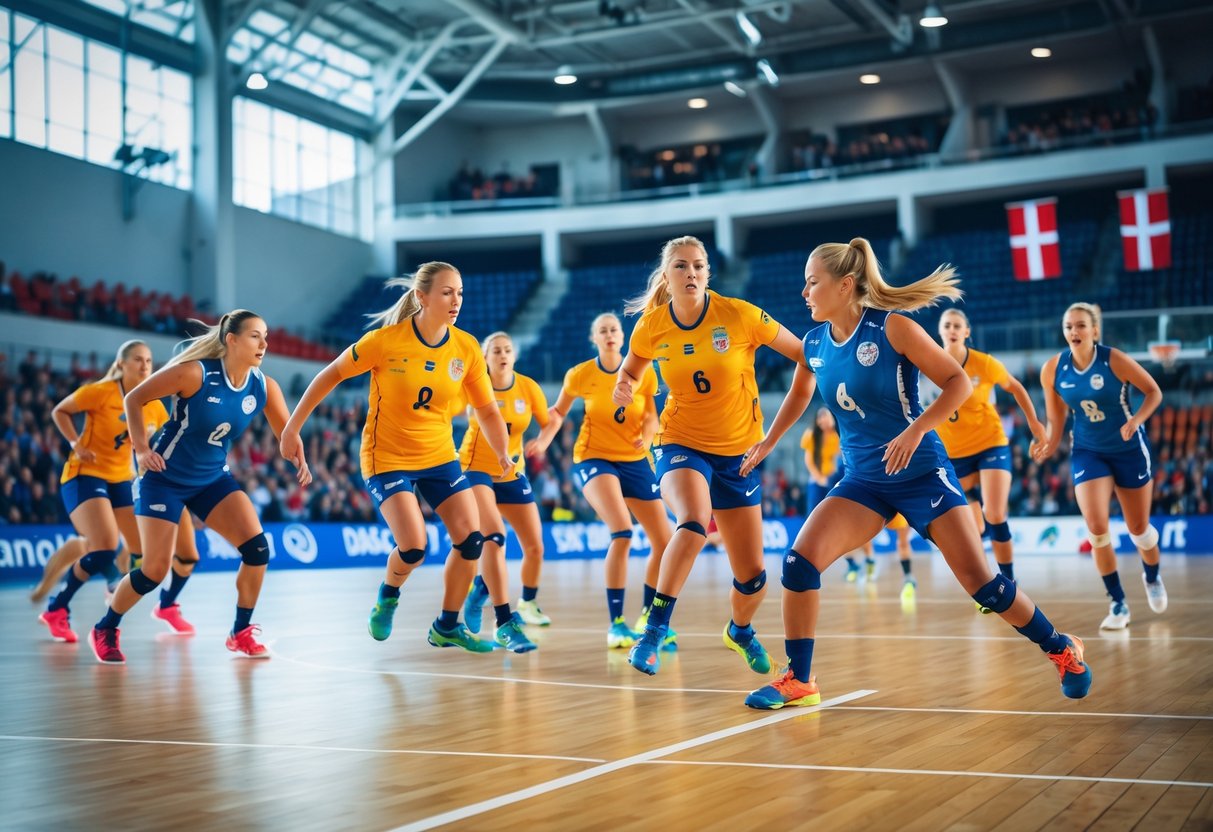 Spillere i bevægelse under en håndboldkamp i en indendørs arena med tilskuere og danske flag.